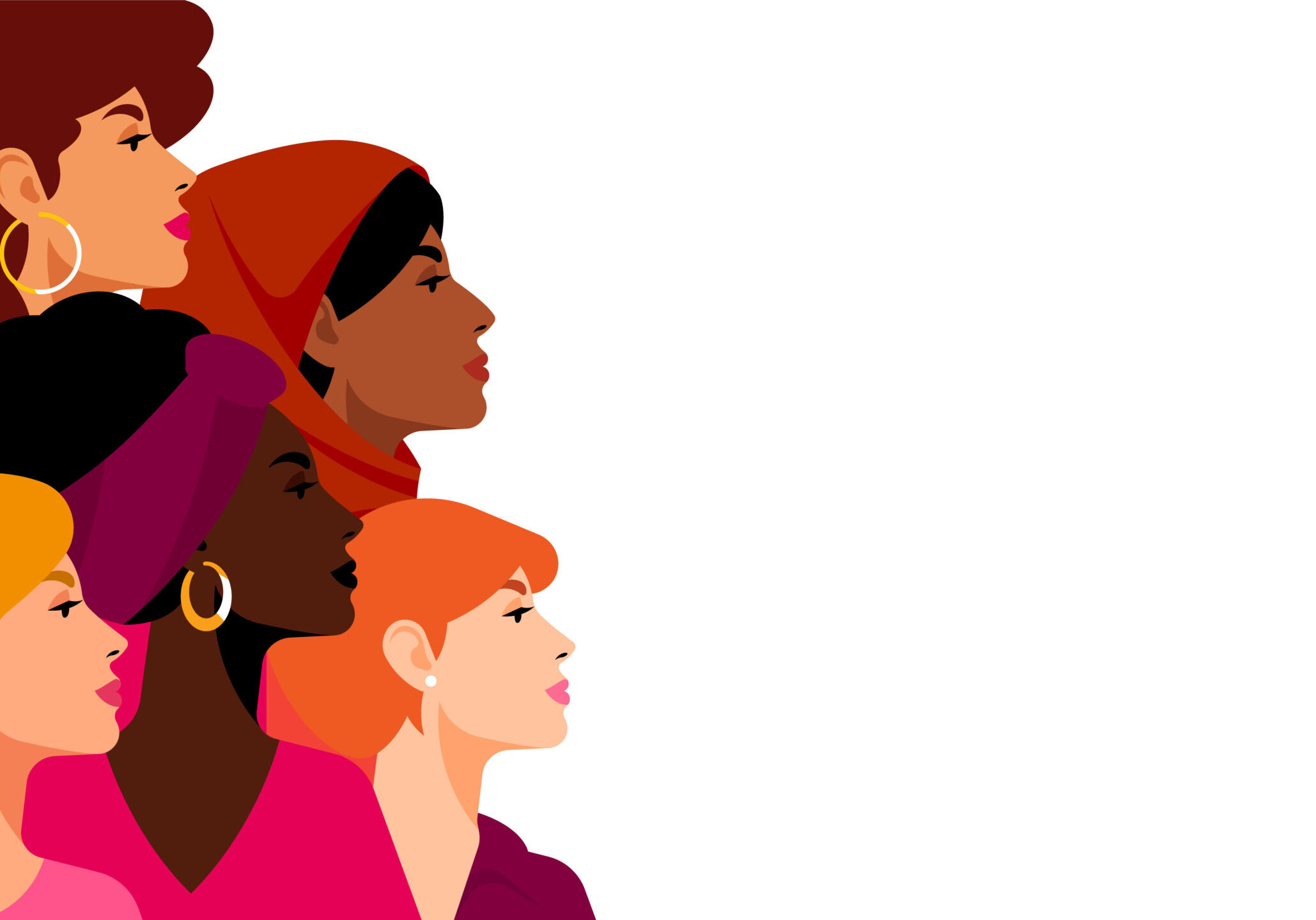 Multi-ethnic women. A group of beautiful women with different beauty, hair and skin color. The concept of women, femininity, diversity, independence and equality. Vector illustration.