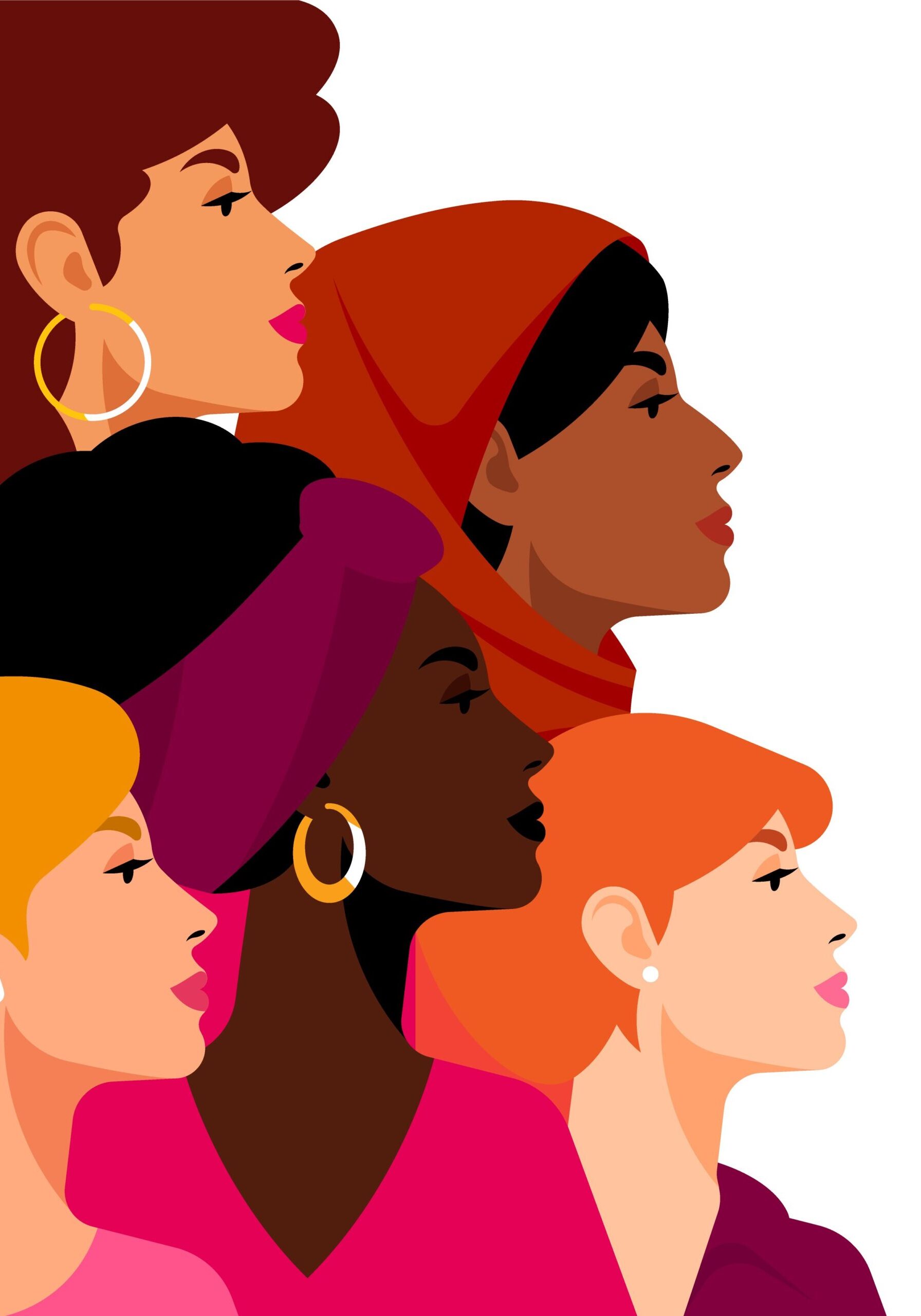 Multi-ethnic women. A group of beautiful women with different beauty, hair and skin color. The concept of women, femininity, diversity, independence and equality. Vector illustration.