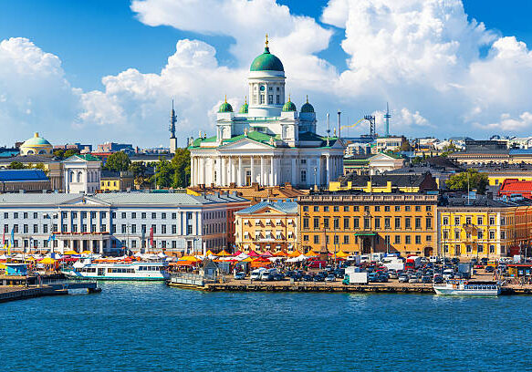 Scenic summer panorama of the Market Square (Kauppatori) at the Old Town pier in Helsinki, Finland